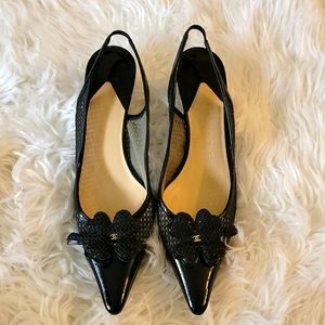 CHANEL Black Patent Leather & Mesh Clover & CC Logo Kitten Heels